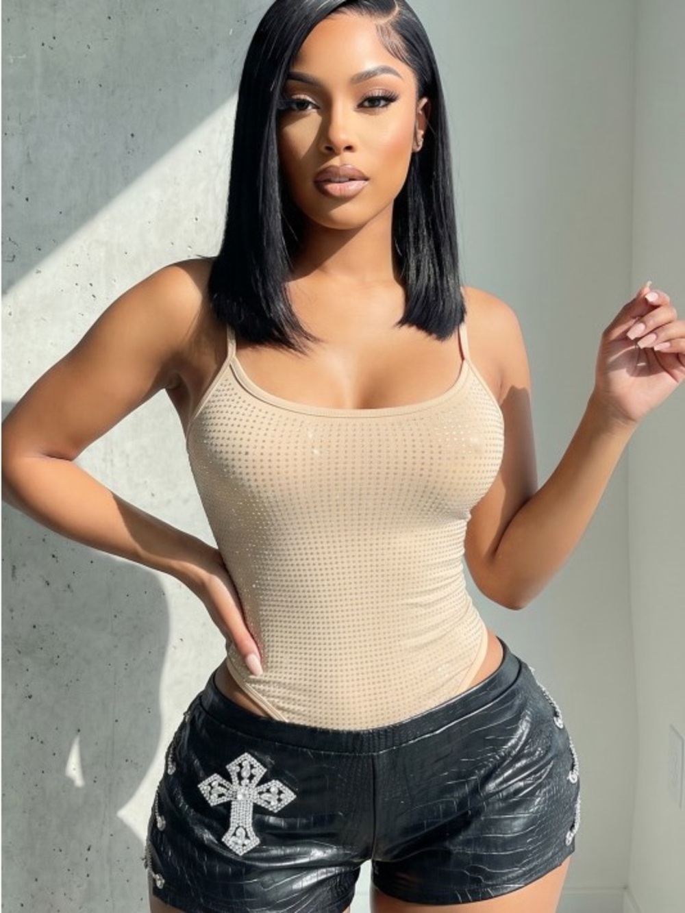 Beige Micro-Stud Stretch Cami Tank Top